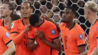 Netherlands players embrace Cody Gakpo after he scores against Morocco