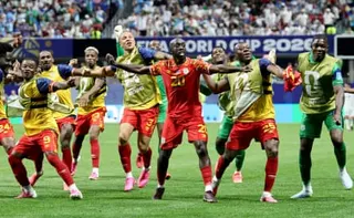 Yoane Wissa celebrates with teammates after the DRC’s World Cup win against Uzbekistan.