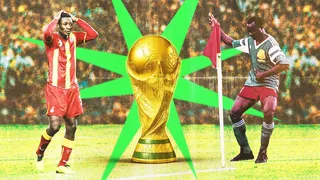 A colourful composite graphic shows on the left Asamoah Gyan in red and yellow Ghana kit holding his hands to his head in shock, the Fifa World Cup trophy with a spiky green eight-pointed star radiating from behind it, and on the right-hand side a picture of Cameroon striker Roger Milla dancing in front of a corner flag in celebration. The whole image is treated with a vintage filter