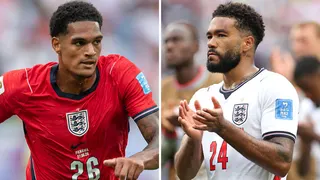 A split picture of Jarell Quansah and Reece James playing for England