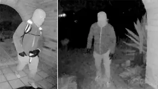 a split image with each side showing am asked man in gloves on nancy guthrie's porch
