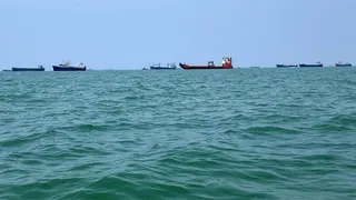 At least 10 large ships out at sea. The water is a bit choppy and the sky is blue.