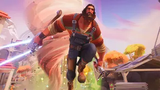A lumberjack character from Last Flag leaping towards the camera, with a tornado chasing him.
