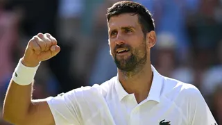 Novak Djokovic celebrates during his win over Arthur Rinderknech at Wimbledon