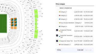 A map of the Azteca stadium showing England supporter tickets available for resale at inflated prices