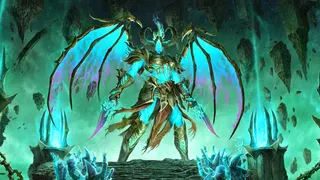 Diablo 4 key art of a winged character wielding two swords.