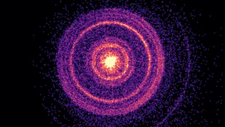 A grainy image of concentric purple and yellow circles made up of small points. The centre is bright yellow and the outer corners of the image are black