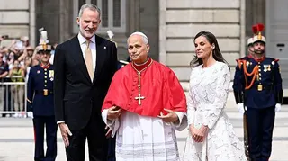 King Felipe VI of Spain and Queen Letizia of Spain reception to His Holiness the Pope Leo in Welcome Ceremony at Royal Palace on Saturday.