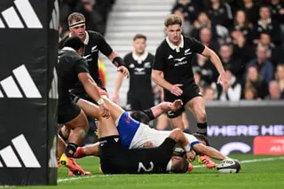 Matthieu Jalibert crosses the line for France during the Nations Championship Test against the All Blacks in Christchurch