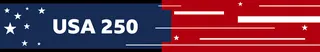 BBC design banner which borrows from the USA national flag - there are white stars on a blue background on the left of the banner and the words USA 250. And there are white stars on red on the left side of the banner, no text.