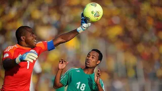 Nigeria's goalkeeper Vincent Enyeama (left) blocks the ball in front of Ethiopia's Shemeles Bekele during a World Cup 2014 qualifier football match  in Addis Ababa on 13 October2013