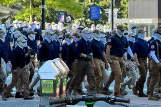 Patriot Front members march on the 250th anniversary of US independence in Washington on Saturday. Photo: Handout via Reuters