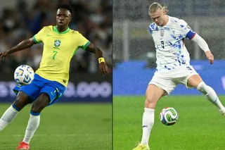 Combination pictures of Brazil's forward #07 Vinicius Jr and Norway's captain #09 Erling Braut, each controlling the ball.