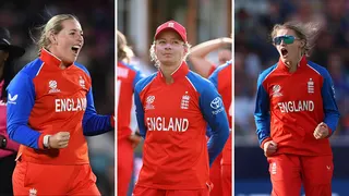 Split image of Sophie Ecclestone, Danni Wyatt-Hodge and Charlie Dean - all wearing red England kits with blue sleeves