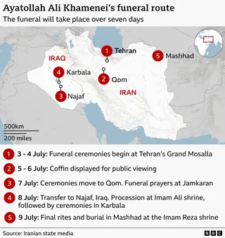 A map shows the locations in Iran and Iraq where the funeral celebrations will be found.