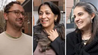 Composite image of a man wearing glasses (L), women with long hair (C), and a young woman smiling (R)