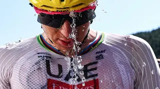 Tadej Pogacar douses himself in cold water at the Tour de France 2026