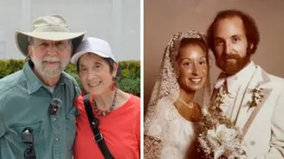 Roger Lieb and Bonnie Taff posing together on the left, aged 82, and on the right on their wedding day in 1976.