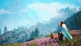 Figures look out over a beautiful wild landscape in Rare’s Everwild