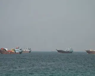 Vessels at the strait of Hormuz, as seen from Musandam, Oman.