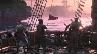 Edward is shown steering his ship in Assassin's Creed Black Flag Resynced.