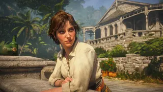 AC Black Flag Resynched official image showing a female character in a white blouse in tropical environment