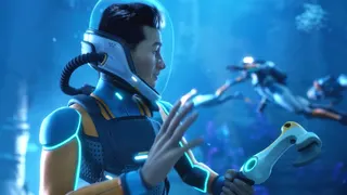 Subnautica 2 trailer image showing an underwater diver in a futuristic wetsuit turning to wave at his friends as they swim on by.