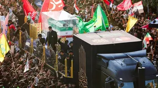 The coffin of Iran's late Supreme Leader Ayatollah Ali Khamenei is carried by a lorry during a funeral procession in Najaf, Iraq (8 July 2026)