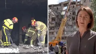 (left) Rescue workers dig through rubble with spades, (right) Sarah Rainsford in front of the damaged building.