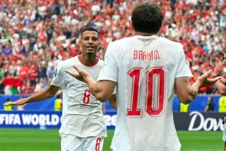 Morocco's midfielder #08 Azzedine Ounahi celebrates scoring his team's second goal with teammate forward #10 Brahim Diaz during the 2026 World Cup round of 16 football match between Canada and Morocco at the Houston Stadium in Houston on July 4, 2026.