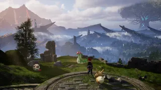 An image of a character in Palworld. It’s overlooking a sweeping landscape that shows jutting rocks in the background and a snow-capped mountain. Three Pals walk around on the grass in front of the character.