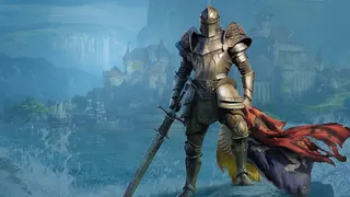 A knight in the Elder Scrolls game stands in front of a city, holding a torn flag in one hand and a sword in the other.