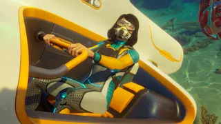A diver hanging off the side of a submersible craft in Subnautica 2.