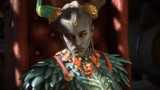 Taash, a Qunari character from Dragon Age: The Veilguard, looking solemn and downcast
