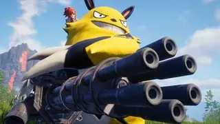 A woman rides on the back of a large, yellow monster wielding an even larger gatling gun
