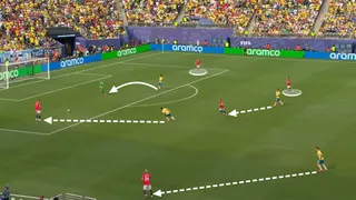 A screen grab from Norway vs Brazil showing an example of Brazil’s press vs their deep build up.