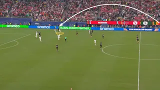 A screen grab of Norway playing the ball long to Sorloth against Senegal