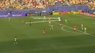 A screen grab from Norway vs Brazil showing Møller Wolfe’s underlapping run in the final third.
