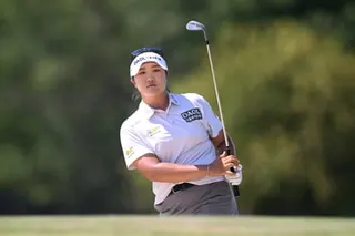 Haeran Ryu of South Korea looks on after playing a shot from a bunker on the 15th hole during the third round of the Evian Championship on Saturday.