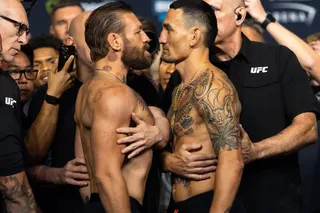 Jul 10, 2026; Las Vegas, Nevada, USA; Conor McGregor (left) faces off with Max Holloway during weigh ins for UFC 329 at T-Mobile Arena. Mandatory Credit: Mark J. Rebilas-Imagn Images