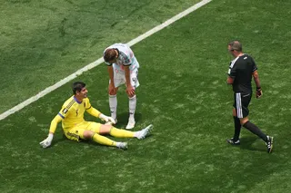 INGLEWOOD, CALIFORNIA - JULY 10: Thibaut Courtois #1 of Belgium waits for medical treatment during the FIFA World Cup 2026 Quarter Final match between Spain and Belgium at Los Angeles Stadium on July 10, 2026 in Inglewood, California.   Alex Grimm/Getty Images/AFP (Photo by ALEX GRIMM / GETTY IMAGES NORTH AMERICA / Getty Images via AFP)
