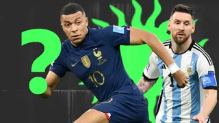 Lionel Messi and Kylian Mbappe next to a green question mark