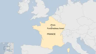 A map showing France, Paris and the Fontainebleau forest just south of it