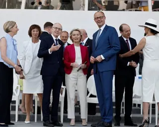 European Commission president Ursula von der Leyen, Luxembourg's prime minister Luc Frieden and German chancellor Friedrich Merz attend the annual Bastille Day military parade on the Place de la Concorde in Paris, France.