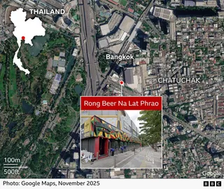 Satellite map of the Chatuchak district in Bangkok, Thailand, showing the location of Rong Beer Na Lat Phrao marked with a red dot near major roads and rail lines. An inset map of Thailand highlights the Bangkok area with a red marker. A photo inset shows the Rong Beer Na Lat Phrao building with a colourful geometric façade along Lat Phrao Road. The credit says “Photo: Google Maps, November 2025.”