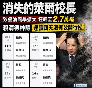 臉書粉專「政客爽」指出賴清德總統已連續4天無公開行程。（圖／政客爽臉書）