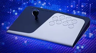 Sony’s first fight stick, the FlexStrike, placed atop of a blue background.