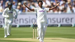 Kranti Gaud of India celebrates after bowling Alice Capsey during day two of the 1st Women's Rothesay Test Match between England and India at Lord's Cricket Ground on July 11, 2026 in London, England.