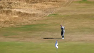 Rory McIlroy hits a shot during his practice round
