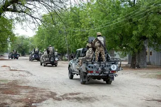 Nigerian soldiers from the Multinational Joint Task Force (MNJTF) drive around in pick-ups during training at the MNJTF military base, Sector 3 Headquarters, in Monguno, Borno state, Nigeria July 5, 2025. — AFP pic